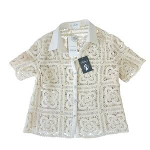 Cocobebe White Cotton Crochet Linen Button Up Short Sleeve Top Size Small NWT